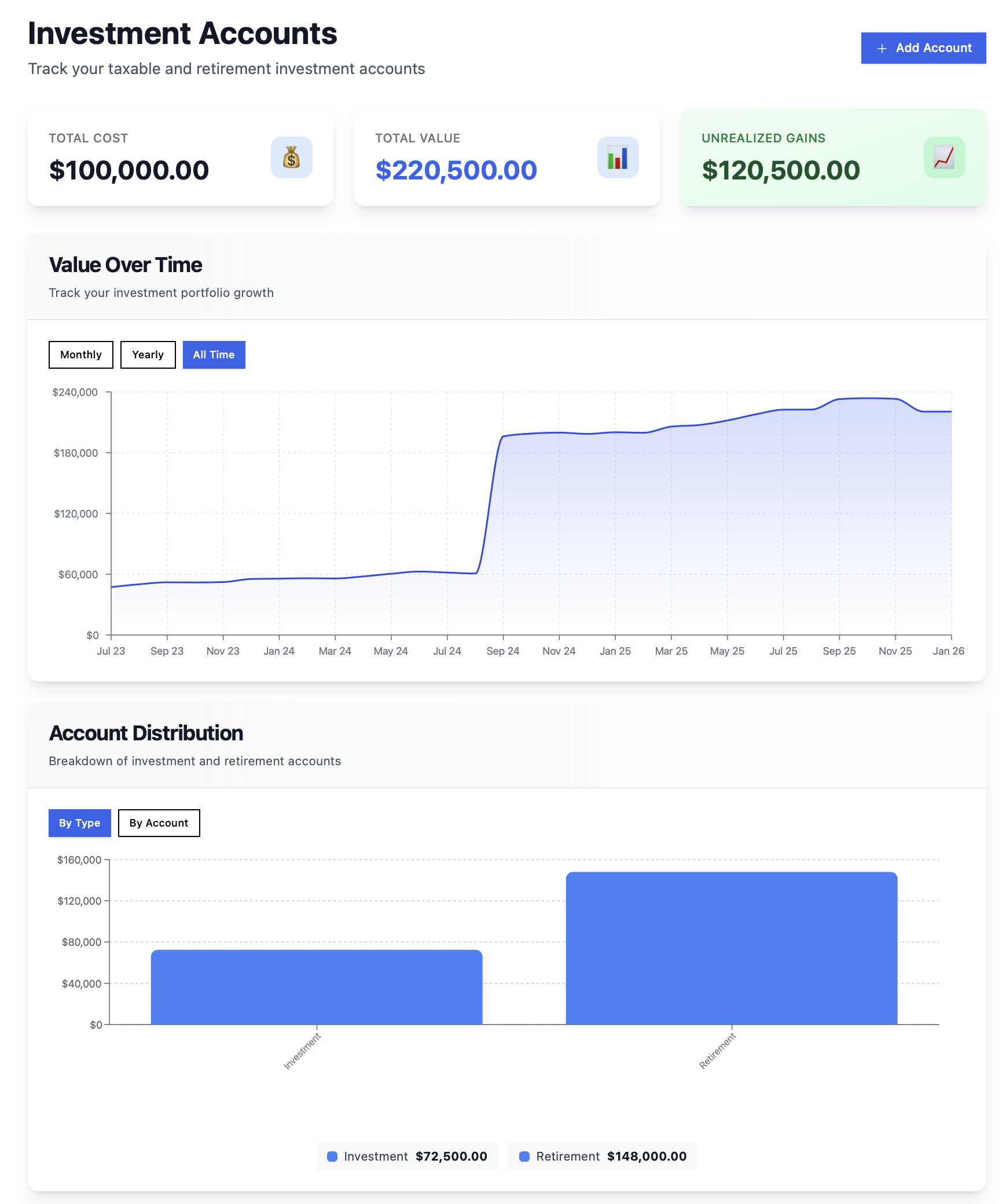 Investments page with holdings and accounts